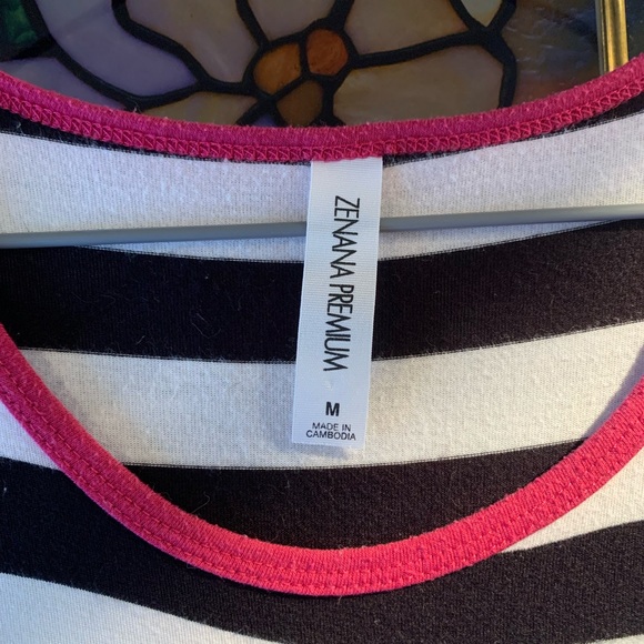 Medium women’s lightweight long sleeve black and white striped top, pink accents - Picture 2 of 4